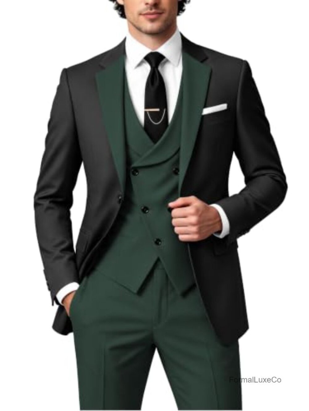 Mens 3 Piece Slim Fit Suit Double Breasted Tuxedo Wedding Prom Formal Party